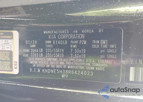 2024 Kia Carnival Mpv Sx z USA, uszkodzony, nr VIN KNDNE5H38R6424023